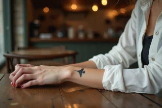 Tatouage hirondelle fin et minimaliste sur le poignet intérieur d'une jeune femme dans un café parisien