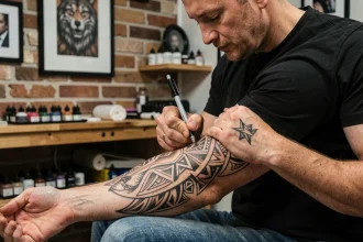 Tatoueur professionnel en train de réaliser un tatouage tribal loup sur le bras d'un client dans un studio de tatouage