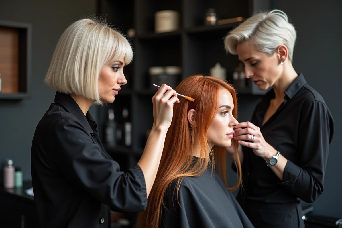Coloriste appliquant un balayage roux chaleureux sur cheveux blonds en salon de coiffure professionnel