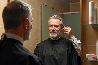 Homme d'une cinquantaine d'années appliquant une teinture discrète sur cheveux gris dans une salle de bain moderne