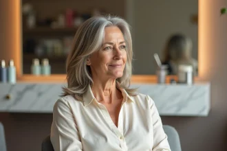 Femme de 48 ans en salon de coiffure avec une transition cheveux gris naturel réussie, sans effet racines visible